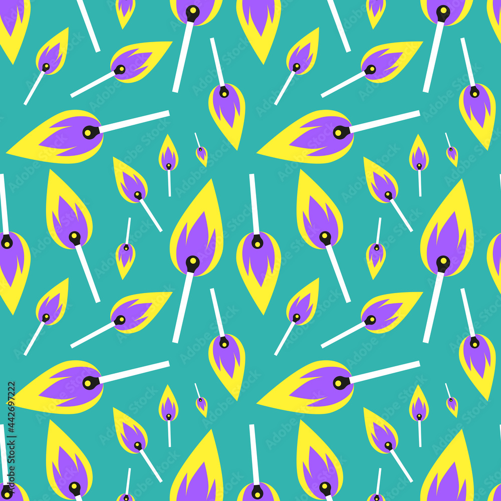 Fototapeta premium Seamless pattern of burning matches on a turquoise background. Flat colorful vector illustration. Cartoon illustration. A design element that is perfect for a store, wallpaper, textiles, postcard, pri