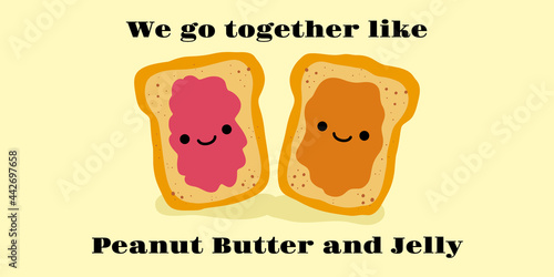 Jelly and peanut butter toast vector illustration in cute doodle style with antropomorphic faces.
