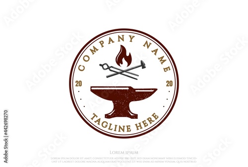 Retro Vintage Anvil Foundry Blacksmith Logo Design Vector