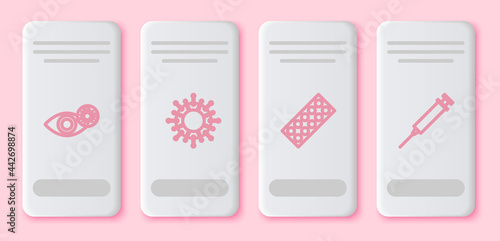 Set line Reddish eye due to virus, Virus, Pills in blister pack and Syringe. White rectangle button. Vector
