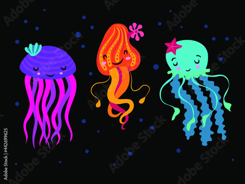 three cute jellyfish of purple, orange and turquoise color with seashells and starfish on their head on a black background.