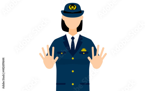 若い女性警官のポーズ、両手を前に出して制止する