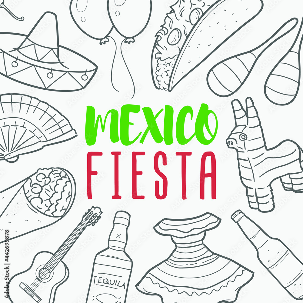 Mexico Fiesta Doodle Banner Icon. Culture Party Vector Illustration Hand Drawn Art. Line Symbols Sketch Background.