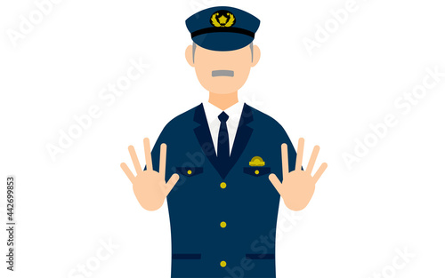 シニア男性警官のポーズ、両手を前に出して制止する