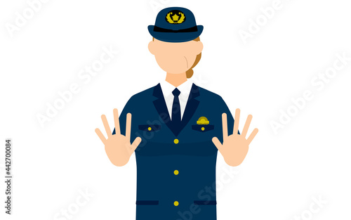 シニア女性警官のポーズ、両手を前に出して制止する