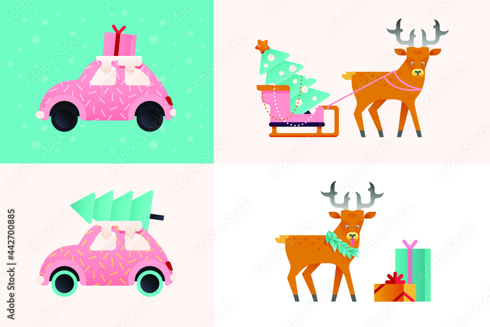 Fototapeta premium Vector Set Illustrations of Flat Cute Car with Gift and Fir Tree on Top, Deer with Gifts and Tree. Funny Stickers. Happy New Year and Merry Christmas.