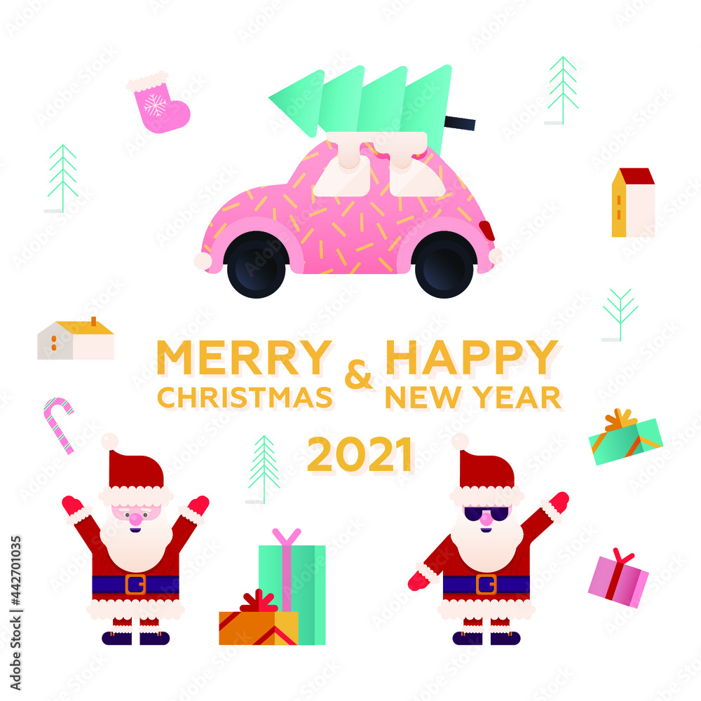 Vector Set Illustrations of Flat Cute Car with Tree on Top, Santa Claus with Elements. Funny Stickers. Happy New Year and Merry Christmas.