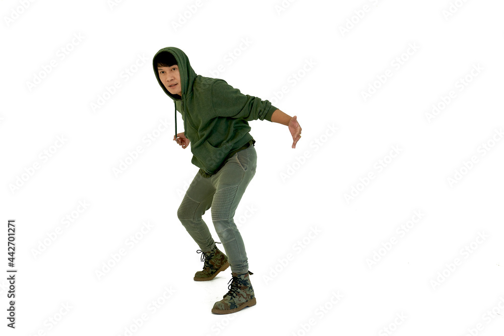 Professional dancer man is hiphop and break dancing action isolataed on white background in studio Professional dancer man is hiphop and break dancing action isolataed on white background in studio