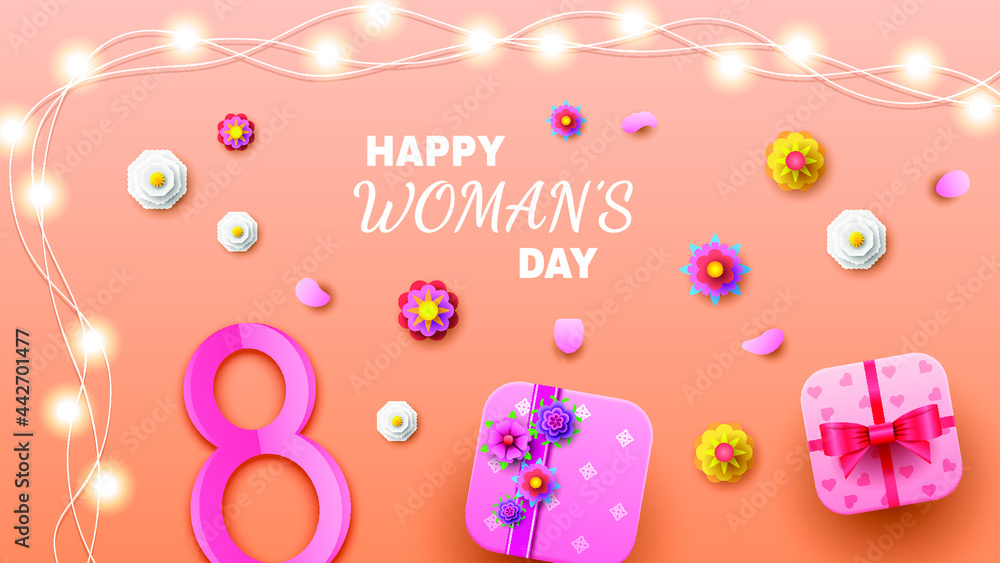 8 March Happy Woman's Day Greeting Flowers Gifts Garland Background. Vector Design Banner Party Invitation Web Poster Flyer Stylish Brochure, Greeting Card Template 8 March Happy Woman's Day Greeting Flowers Gifts Garland Background. Vector Design Banner Party Invitation Web Poster Flyer Stylish Brochure, Greeting Card Template