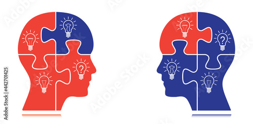 Puzzle shaped heads with lightbulbs illustration. Partnership concept vector graphic to use in business, brainstorm, idea, business plan, infographics, logical thinking, inteligence concept projects.