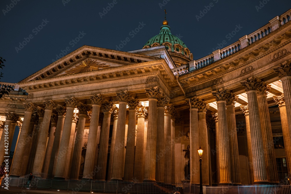 View of the Kazan Cathedral at night in St. Petersburg
