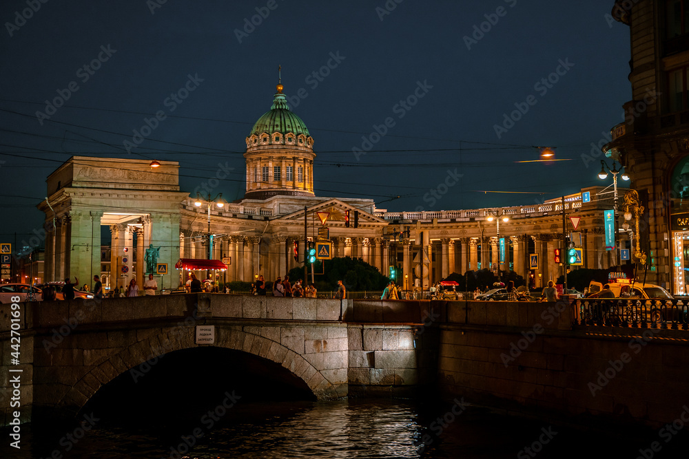 View of the Kazan Cathedral at night in St. Petersburg. Saint Petersburg, Russia - 22 June 2021