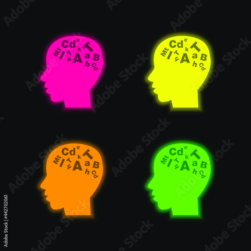 Bald Male Head Side View With Letters Inside four color glowing neon vector icon