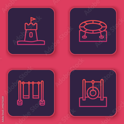 Set line Sand tower, Double swing, Jumping trampoline and Car tire hanging on rope. Blue square button. Vector