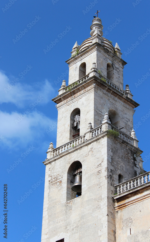 Tower of the Cathedral of San Ildefonso on the main square Plaza Grande in Merida, Yucatan, Mexico. It is first cathedral finished on the American mainland and the only one built during 16th century