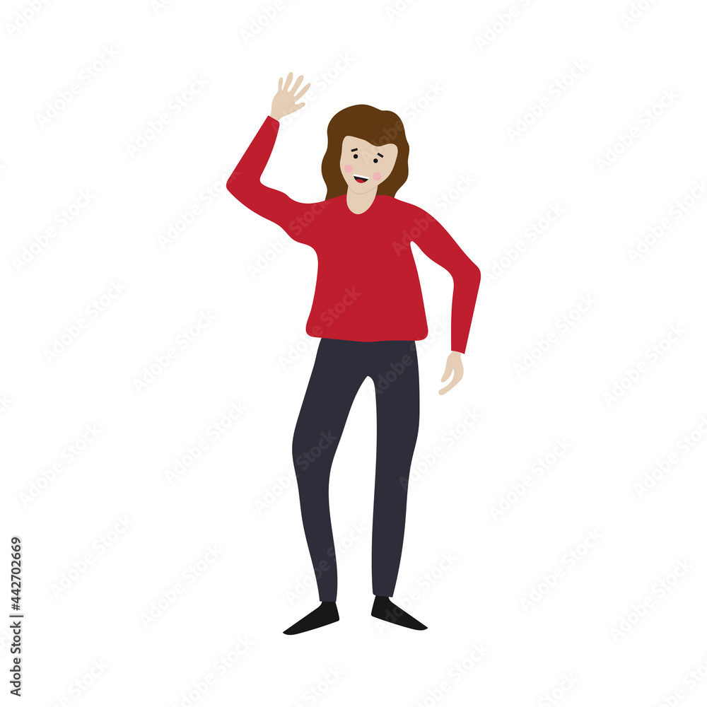 woman happy cartoon. girl smile with long brown hair put her hand up isolated on white background woman happy cartoon. girl smile with long brown hair put her hand up isolated on white background
