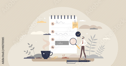 To do list with task priorities and work to reminder tiny person concept. Notepad with checklist as job schedule and planner vector illustration. Effective time management with productivity tool.