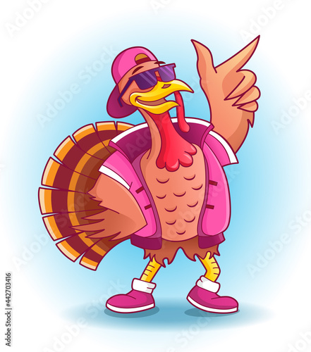 Cool dancing turkey in sunglasses and cap. Vector illustration for thanksgiving day. Art for print. Happy thanksgiving. Banner with cartoon drawn gobbler character isolated on white background