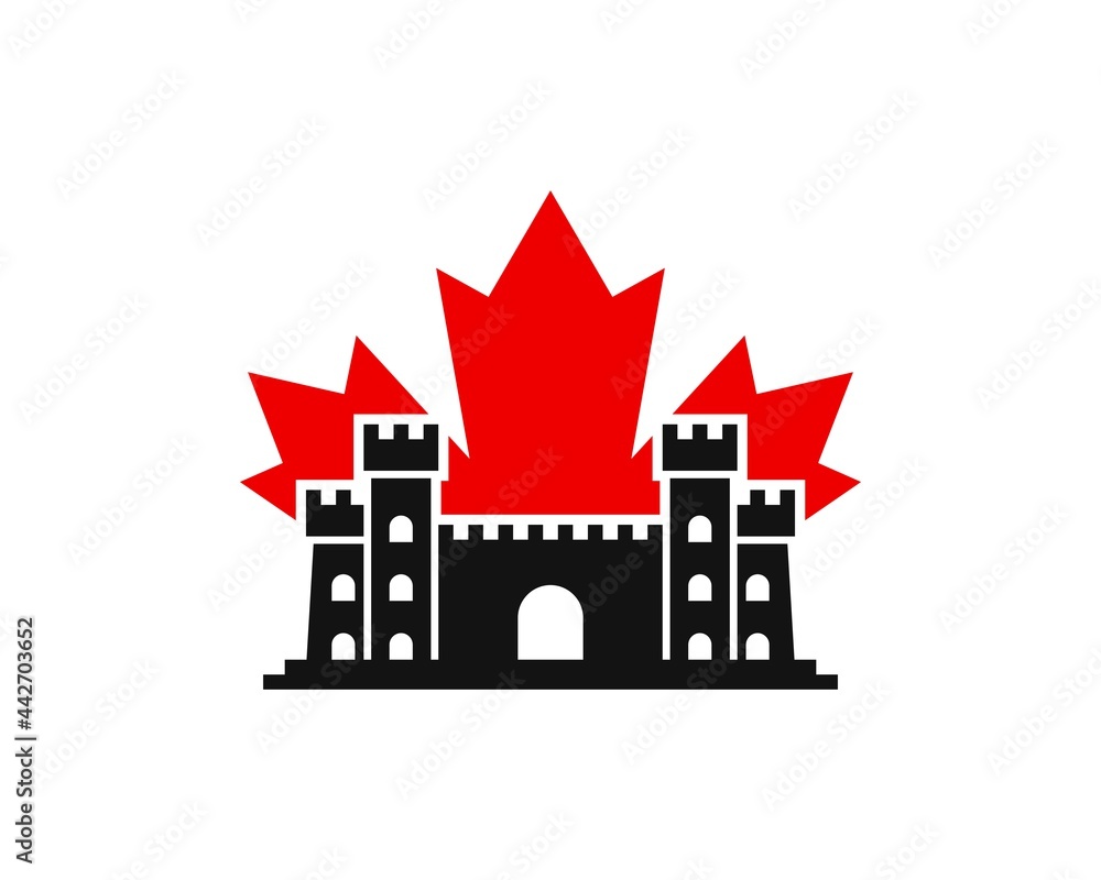 Black ancient fortress with red maple leaf behind