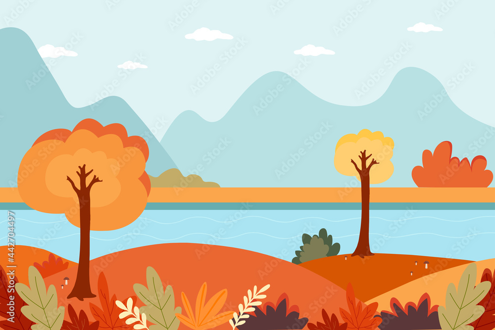 Autumn background. Mountains and river. Autumn trees and leaves, mushrooms. Autumn Wallpapers. Banner. Vector