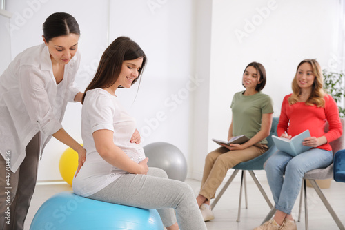 Group of pregnant women with midwife at courses for expectant mothers indoors photo