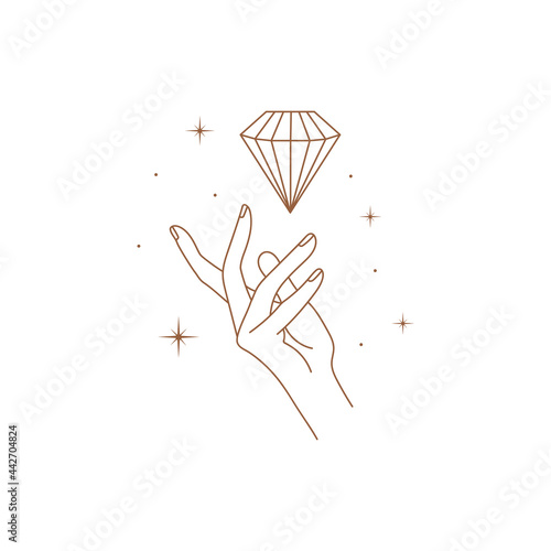 Minimal hand logo in trendy linear style. Women's hands with crystal and stars. Vector linear boho icon for handmade products, jewelry, cosmetics, wedding concept illustrations etc. Branding.