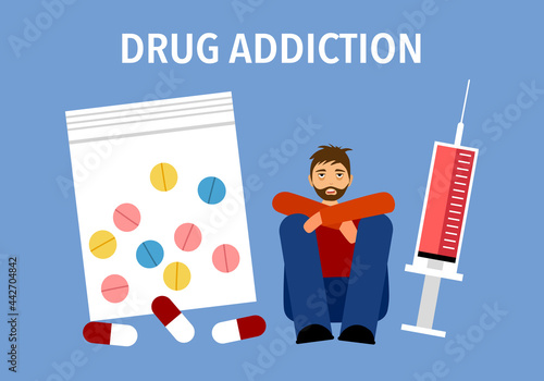 Sick man sitting with drug and syringe in flat design. Drug addiction and mental problem concept. 