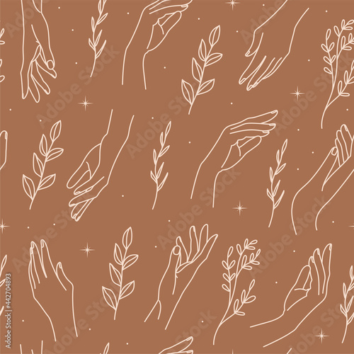 Seamless pattern of linear woman`s hands with branch and star. Simple boho texture for wrapping paper, packaging, fabric, wallpaper etc. Vector design.
