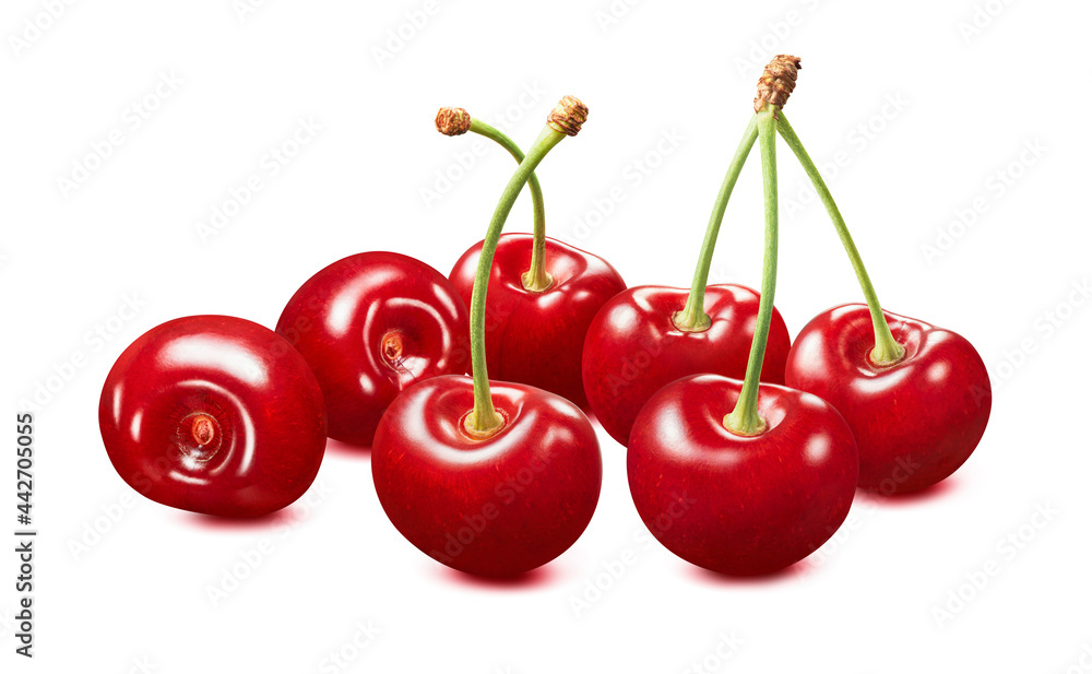 Sweet red cherries in a row isolated on white background Sweet red cherries in a row isolated on white background