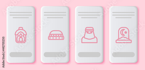 Set line Ramadan Kareem lantern, Muslim hat for prayer, woman in niqab and cemetery. White rectangle button. Vector