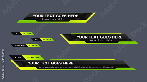 Vector video headline title or sports television news bar design template isolated in green and black 