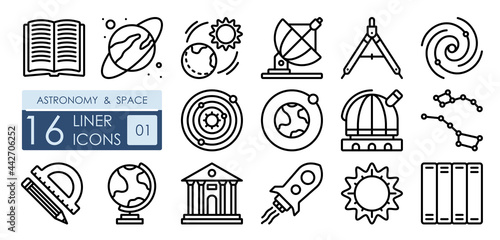 science astronomy and space exploration. Rocket for flights to moon, spiral galaxy, observatory and radio telescope. Set of simple linear icons photo