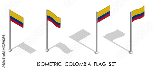 isometric flag of Colombia in static position and in motion on flagpole. 3d vector