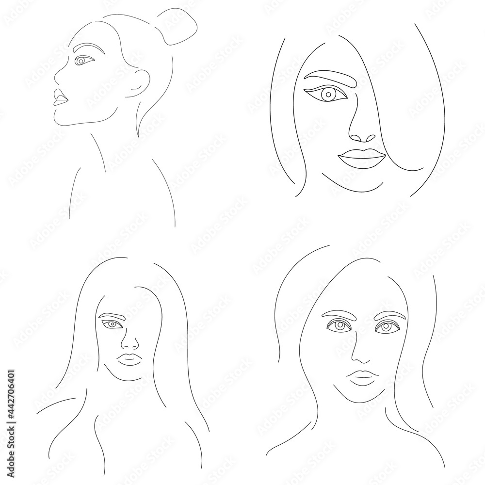 set drawing girl portrait line sketch, isolated, vector set drawing girl portrait line sketch, isolated, vector