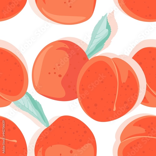 Fototapeta Naklejka Na Ścianę i Meble -  Seamless peach pattern with fruits background.  Summer vibes. Texture for textile, postcard, wrapping paper, packaging etc.