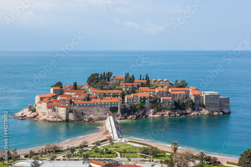 Aman Sveti Stefan with a promenade and beaches, Montenegro. Top view from the Jadran road