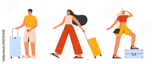 Tourists with luggage at the airport set. Collection of young and happy traveling people carrying suitcases, bags. Summer vacation, holiday, journey concept. Isolated flat vector illustration