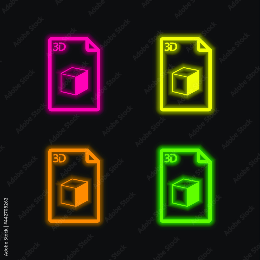 3d Printed Sheet Of Paper With A Cube Image four color glowing neon vector icon 3d Printed Sheet Of Paper With A Cube Image four color glowing neon vector icon