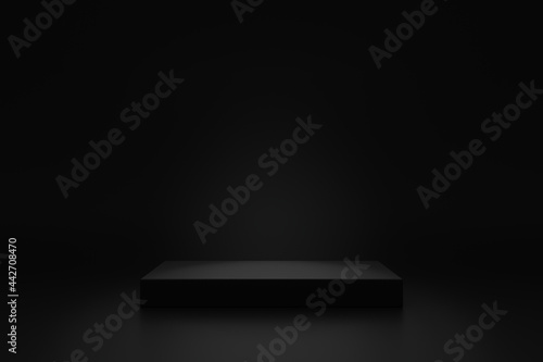 Simple blank luxury black gradient background with product display platform. Empty studio with rectangle podium pedestal on a black backdrop. 3D rendering