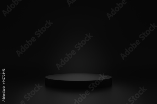 Simple blank luxury black gradient background with product display platform. Empty studio with circle podium pedestal on a black backdrop. 3D rendering