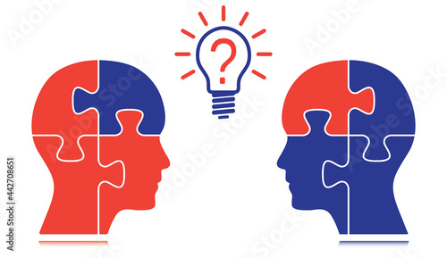 Puzzle shaped heads profile with light bulb, question mark illustration. Brainstorm concept vector graphic to use in business, partnership, idea, business plan, infographics, logical thinking. 