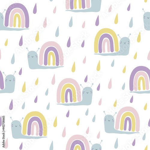 Vector seamless pattern with cute funny rainbow snails and raindrops. Scandinavian children's texture for fabric, wraps, textiles, Wallpaper, clothing. Illustration on a white background.