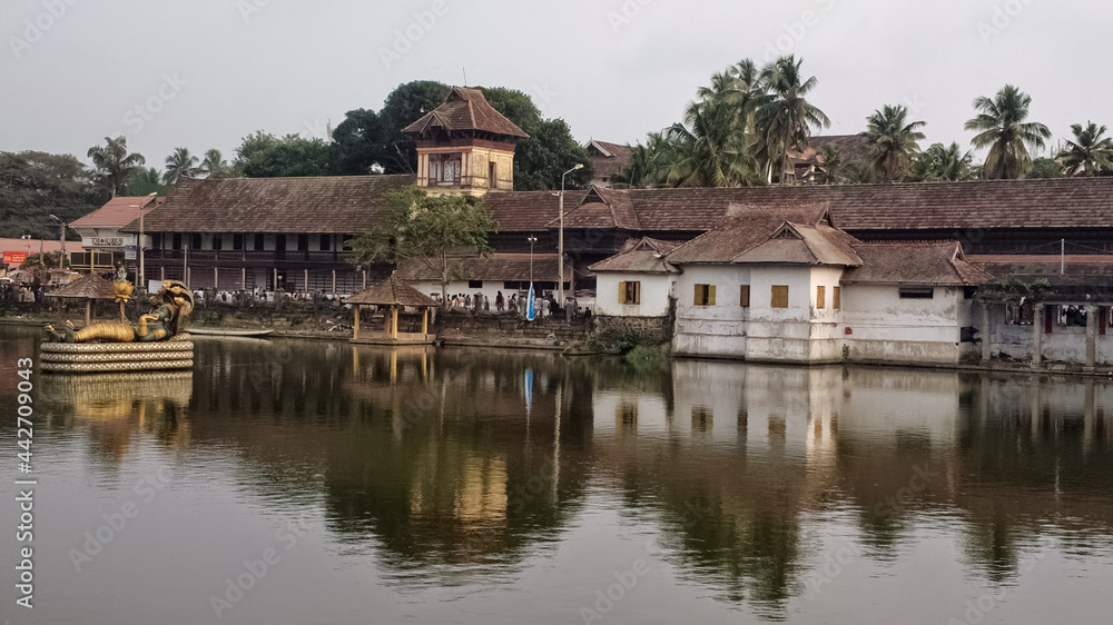 The water tank at the ancient Hindu Padmanabhaswamy temple in the city of Trivandrum.