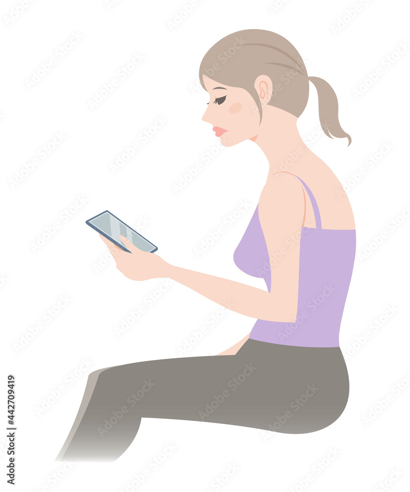 スマホを見るストレートネックの女性のイラスト スマホ首 Stock Vector Adobe Stock