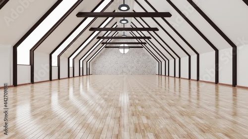 3D Animation of a bright empty attic apartment photo