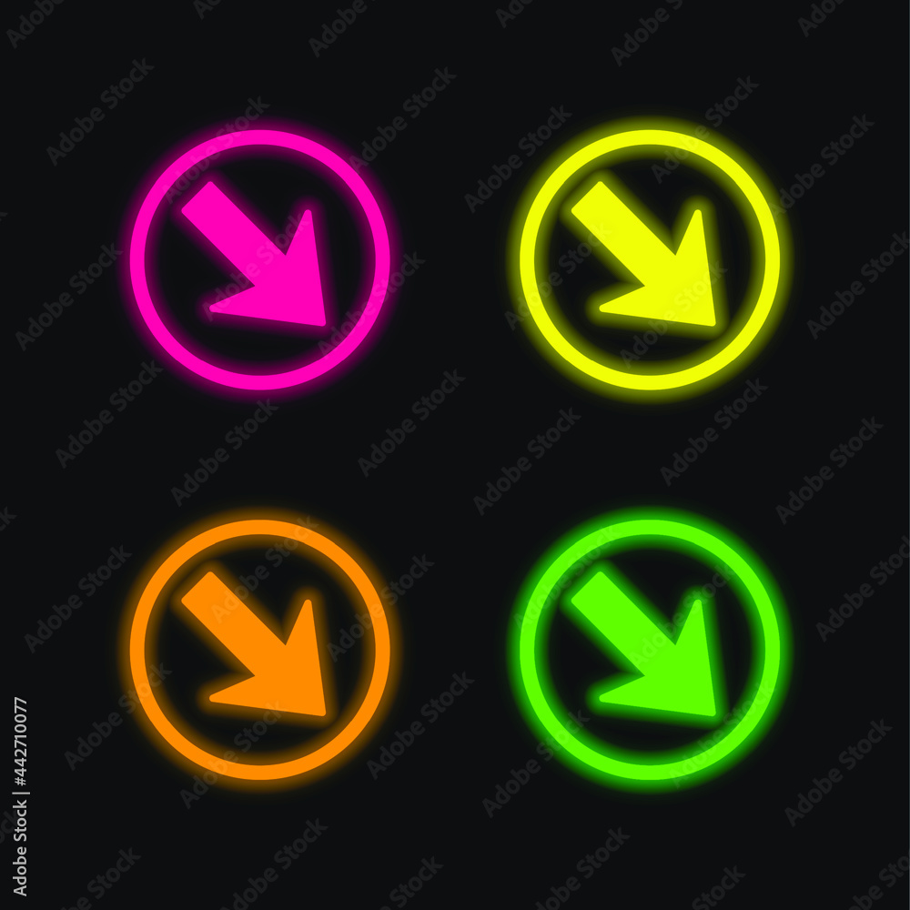 Arrow Pointing Down Right In A Circle four color glowing neon vector icon Arrow Pointing Down Right In A Circle four color glowing neon vector icon