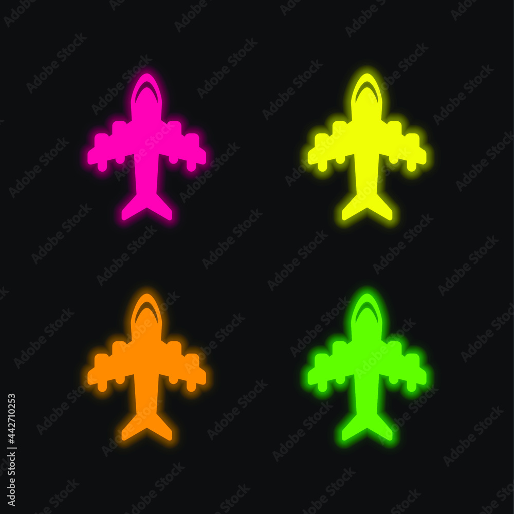 Obraz premium Aeroplane With Four Big Motors four color glowing neon vector icon