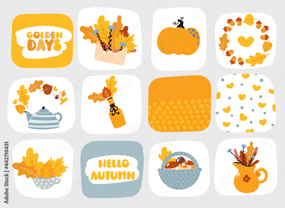 A set of autumn cards in a cute cartoon style. Vector design A set of autumn cards in a cute cartoon style. Vector design