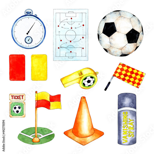 Watercolor illustration set of soccer referee. Tactic board, ball, stopwatch, cards, whistle, spray vanishing, match ticket, cone, flags. Isolated on white background. Drawn on a white background.