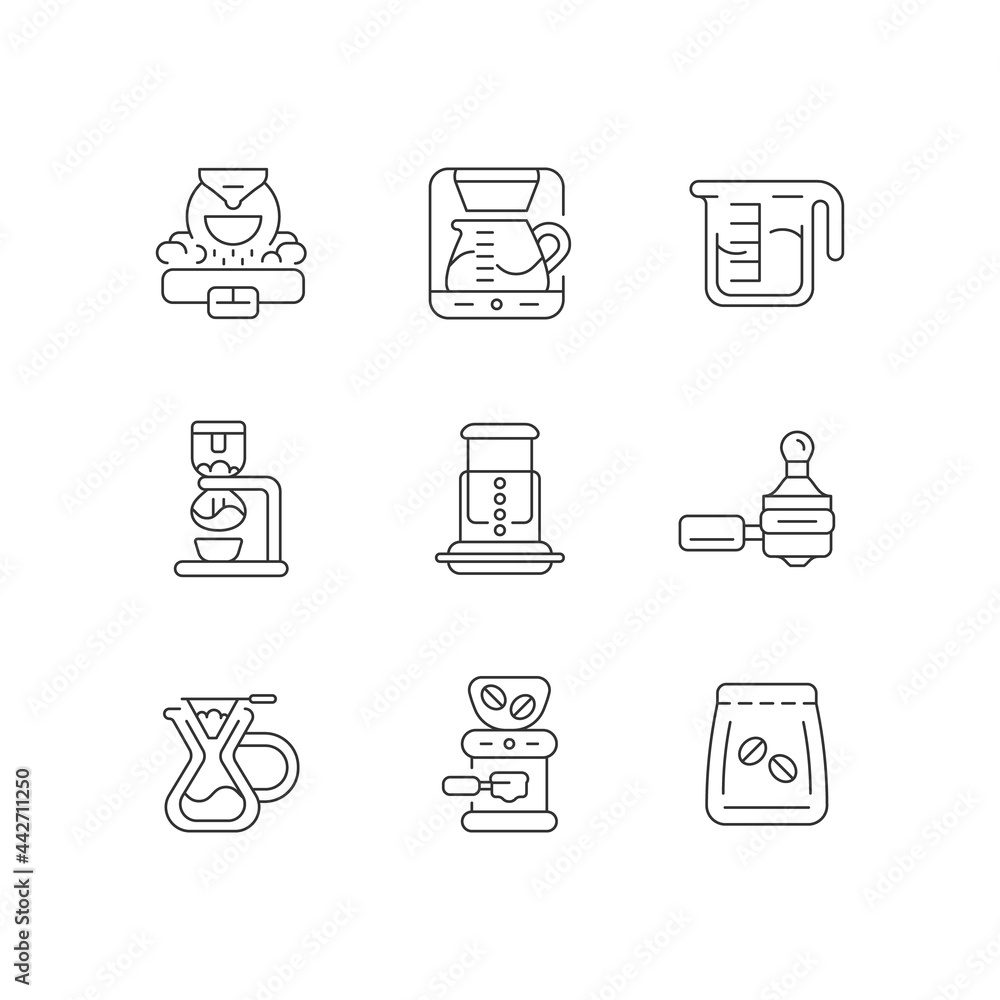Coffee shop appliance linear icons set. Professional roaster for ...